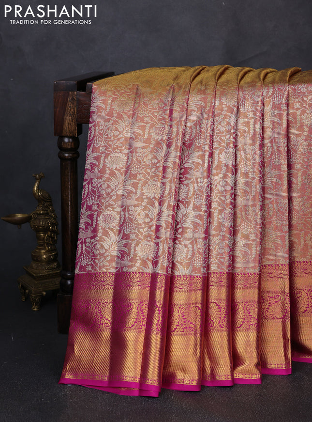 Pure kanchipuram tissue silk saree dual shade of golden pink and magenta pink with allover zari woven floral brocade weaves and long rich zari woven border