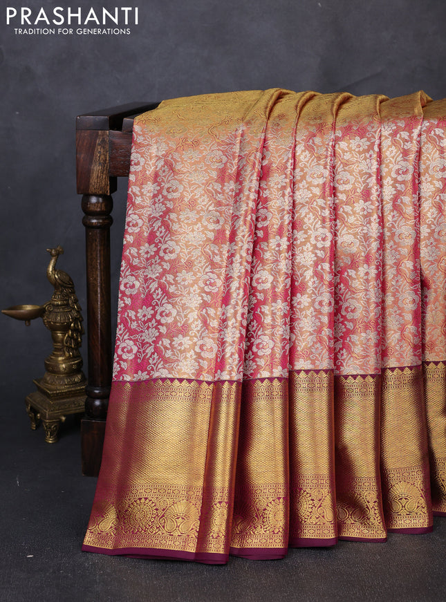Pure kanchipuram tissue silk saree golden pink and dark magenta pink with allover zari woven brocade weaves and long rich zari woven border