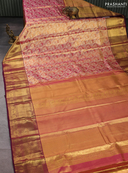 Pure kanchipuram tissue silk saree golden pink and dark magenta pink with allover zari woven brocade weaves and long rich zari woven border