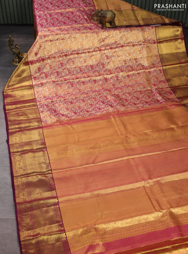 Pure kanchipuram tissue silk saree golden pink and dark magenta pink with allover zari woven brocade weaves and long rich zari woven border