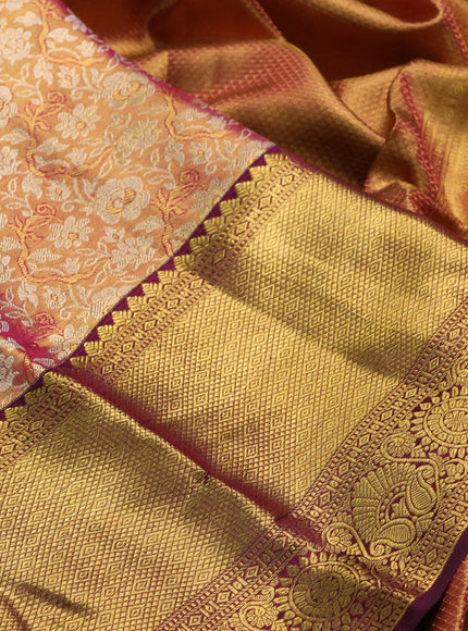 Pure kanchipuram tissue silk saree golden pink and dark magenta pink with allover zari woven brocade weaves and long rich zari woven border