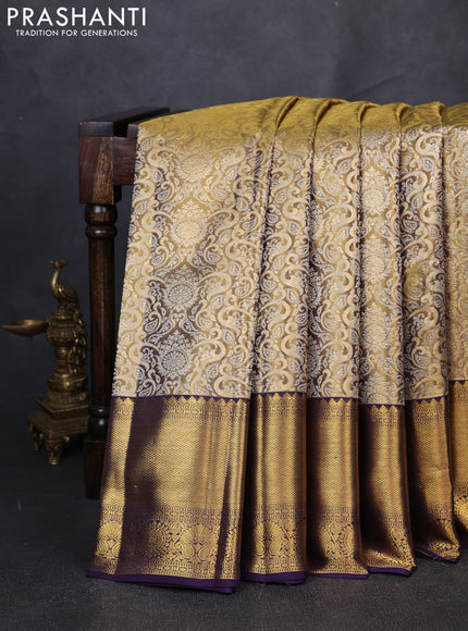 Pure kanchipuram tissue silk saree gold and deep violet with allover zari woven brocade weaves and long rich zari woven border