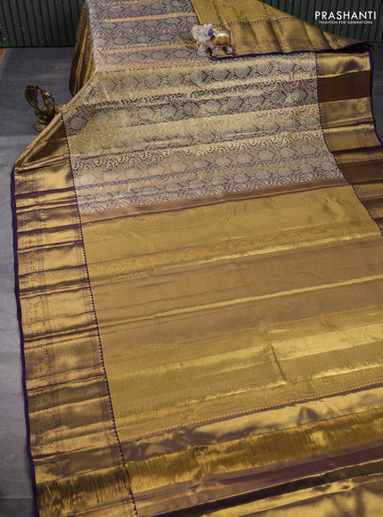 Pure kanchipuram tissue silk saree gold and deep violet with allover zari woven brocade weaves and long rich zari woven border