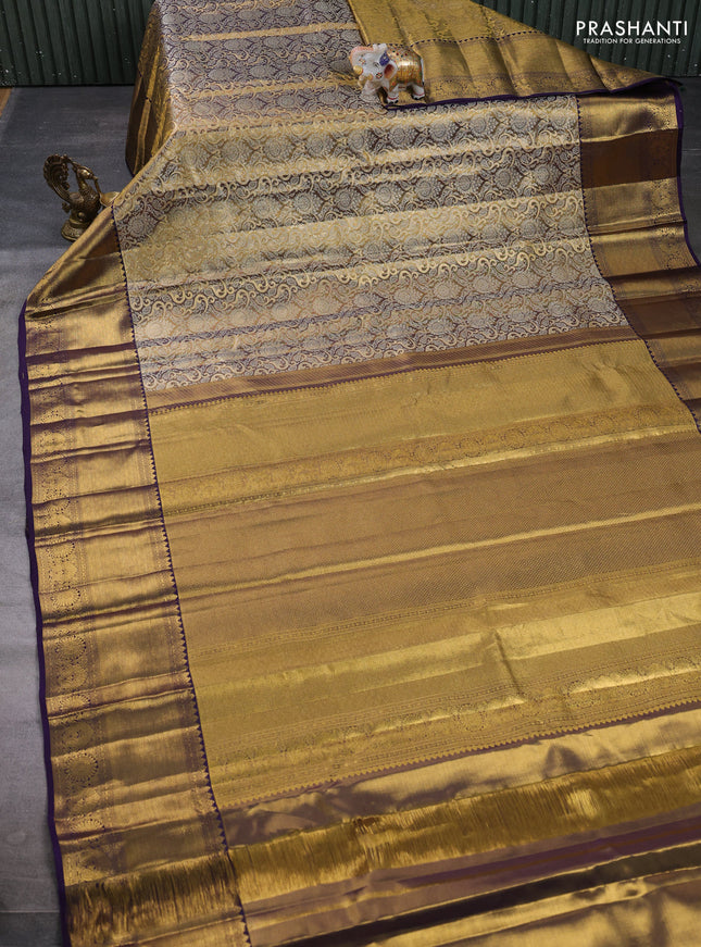 Pure kanchipuram tissue silk saree gold and deep violet with allover zari woven brocade weaves and long rich zari woven border