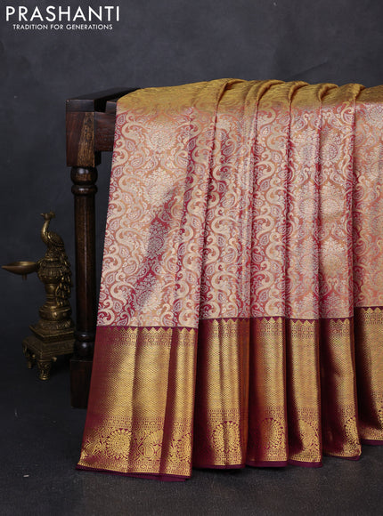 Pure kanchipuram tissue silk saree golden pink and wine shade with allover zari woven brocade weaves and long rich zari woven border