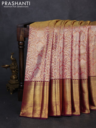 Pure kanchipuram tissue silk saree golden pink and wine shade with allover zari woven brocade weaves and long rich zari woven border