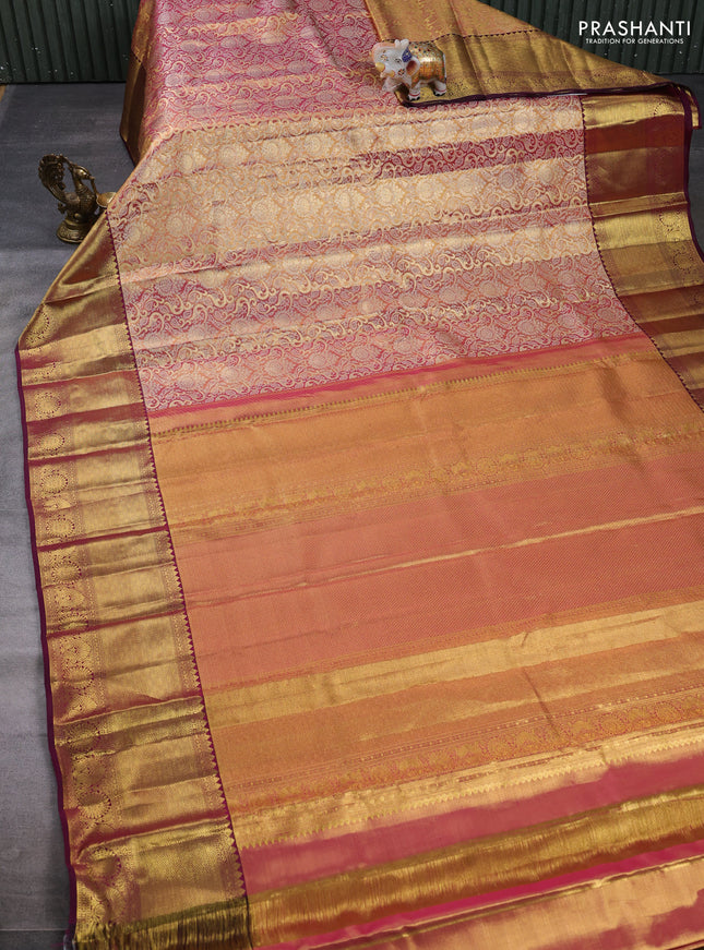 Pure kanchipuram tissue silk saree golden pink and wine shade with allover zari woven brocade weaves and long rich zari woven border