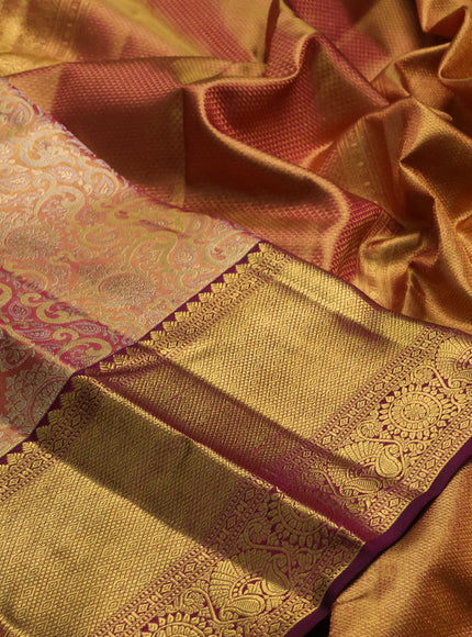 Pure kanchipuram tissue silk saree golden pink and wine shade with allover zari woven brocade weaves and long rich zari woven border