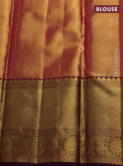 Pure kanchipuram tissue silk saree golden pink and wine shade with allover zari woven brocade weaves and long rich zari woven border