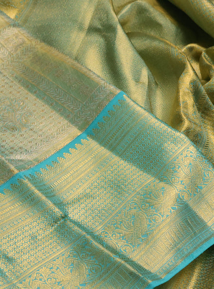 Pure kanchipuram tissue silk saree golden teal and teal blue with allover silver zari woven brocade weaves and rich zari woven border