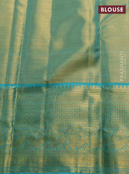 Pure kanchipuram tissue silk saree golden teal and teal blue with allover silver zari woven brocade weaves and rich zari woven border