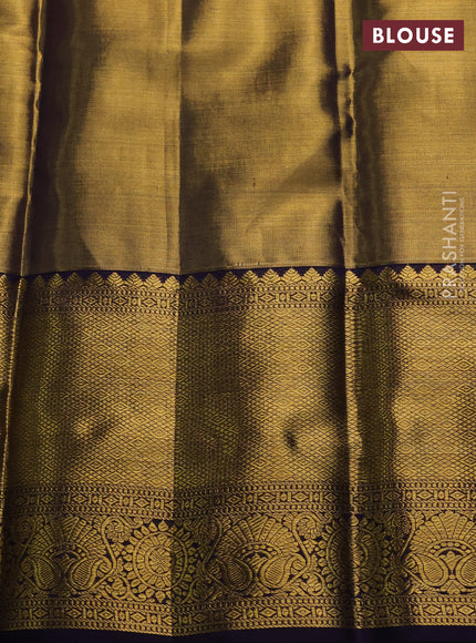 Pure kanchipuram tissue silk saree gold and navy blue with allover zari woven brocade weaves and long rich zari woven border