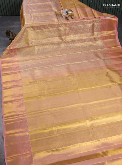 Pure kanchipuram tissue silk saree peach shade with allover zari woven brocade weaves and rich zari woven border