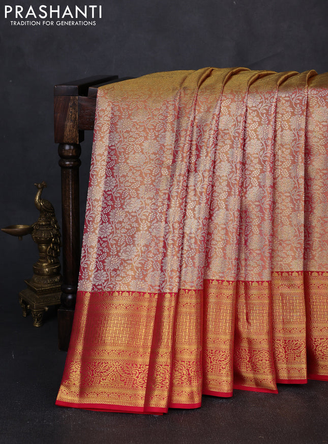 Pure kanchipuram tissue silk saree dual shade of golden pink and tomata red with allover zari woven brocade weaves and rich zari woven border