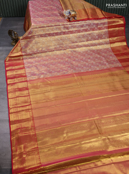 Pure kanchipuram tissue silk saree dual shade of golden pink and tomata red with allover zari woven brocade weaves and rich zari woven border