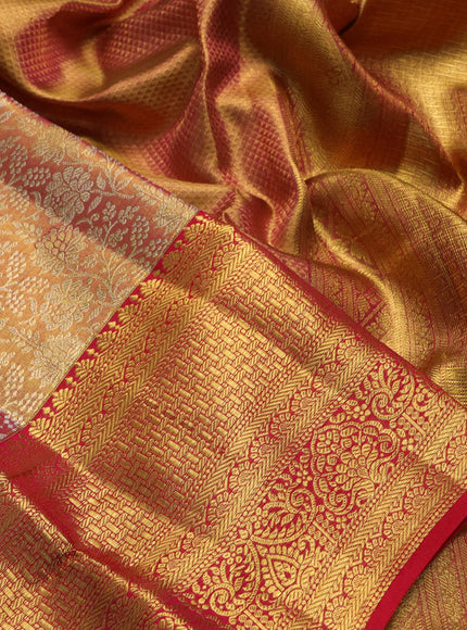 Pure kanchipuram tissue silk saree dual shade of golden pink and tomata red with allover zari woven brocade weaves and rich zari woven border