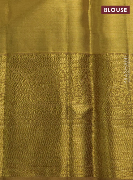 Pure kanchipuram tissue silk saree gold and sandal with allover zari woven brocade weaves and rich zari woven border