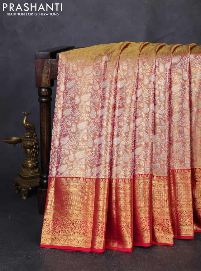 Pure kanchipuram tissue silk saree golden red and red with allover zari woven brocade weaves and rich zari woven border