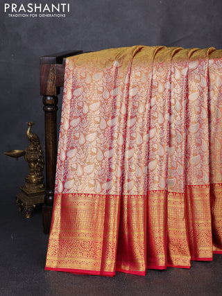Pure kanchipuram tissue silk saree golden red and red with allover zari woven brocade weaves and rich zari woven border