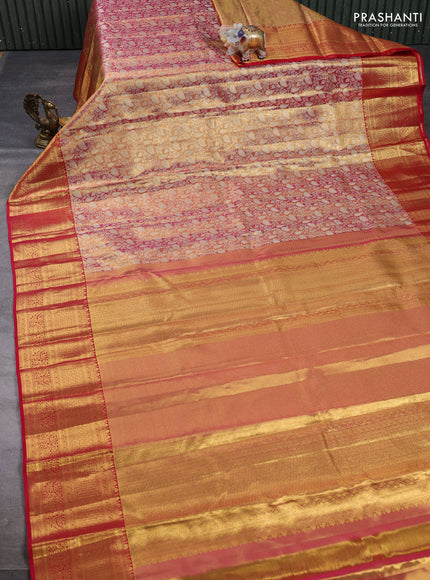 Pure kanchipuram tissue silk saree golden red and red with allover zari woven brocade weaves and rich zari woven border