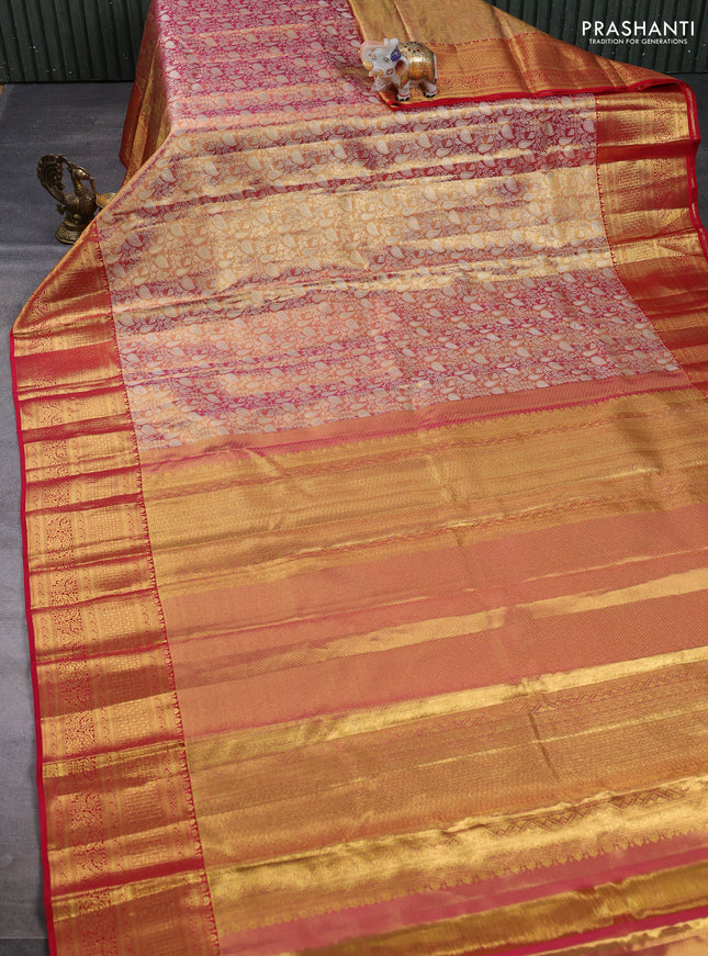Pure kanchipuram tissue silk saree golden red and red with allover zari woven brocade weaves and rich zari woven border