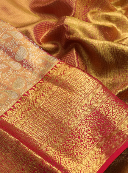 Pure kanchipuram tissue silk saree golden red and red with allover zari woven brocade weaves and rich zari woven border