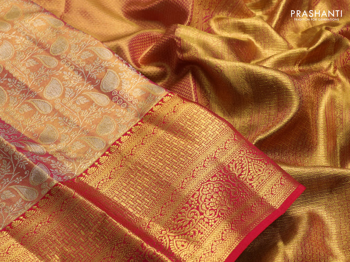 Pure kanchipuram tissue silk saree golden red and red with allover zari woven brocade weaves and rich zari woven border