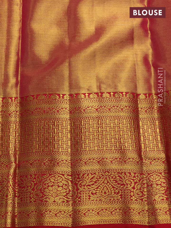 Pure kanchipuram tissue silk saree golden red and red with allover zari woven brocade weaves and rich zari woven border