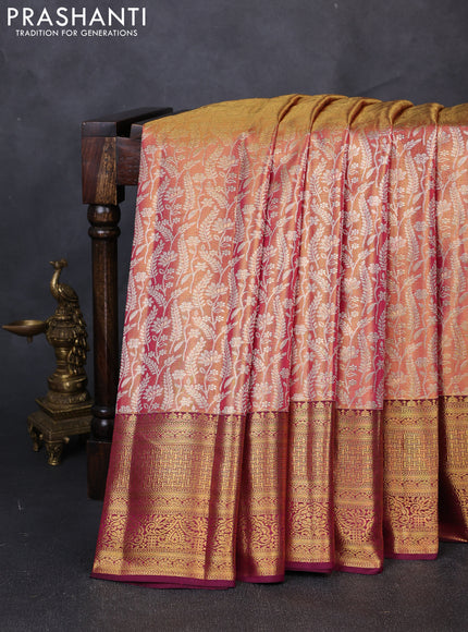 Pure kanchipuram tissue silk saree dual shade of golden pink and wine shade with allover zari woven brocade weaves and rich zari woven border
