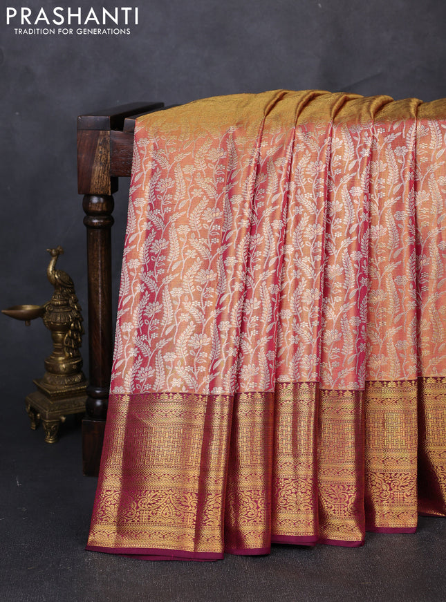 Pure kanchipuram tissue silk saree dual shade of golden pink and wine shade with allover zari woven brocade weaves and rich zari woven border