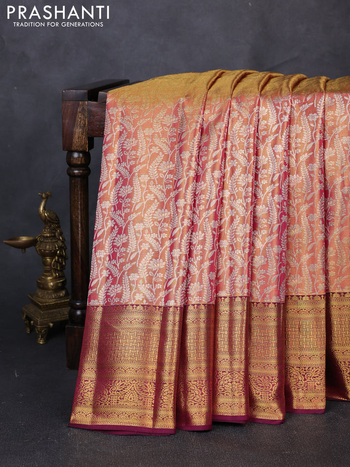 Pure kanchipuram tissue silk saree dual shade of golden pink and wine shade with allover zari woven brocade weaves and rich zari woven border