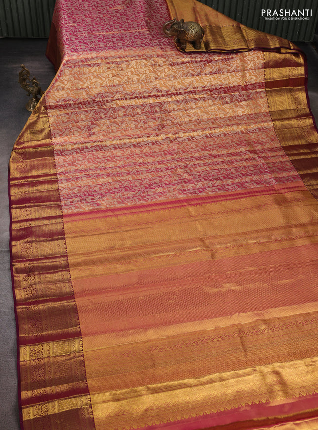 Pure kanchipuram tissue silk saree dual shade of golden pink and wine shade with allover zari woven brocade weaves and rich zari woven border