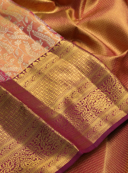 Pure kanchipuram tissue silk saree dual shade of golden pink and wine shade with allover zari woven brocade weaves and rich zari woven border