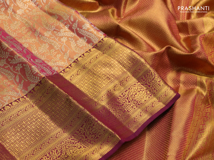 Pure kanchipuram tissue silk saree dual shade of golden pink and wine shade with allover zari woven brocade weaves and rich zari woven border