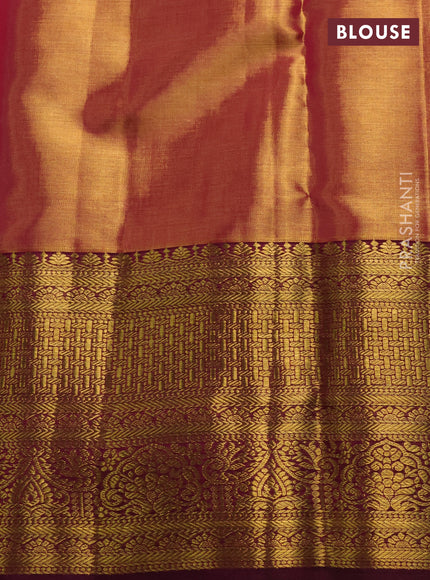 Pure kanchipuram tissue silk saree dual shade of golden pink and wine shade with allover zari woven brocade weaves and rich zari woven border