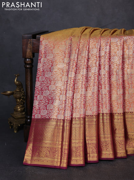 Pure kanchipuram tissue silk saree dual shade of pink and wine shade with allover zari woven floral brocade weaves and rich zari woven border