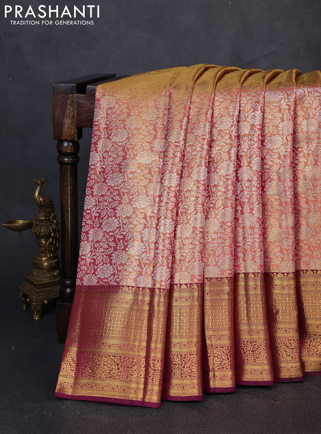 Pure kanchipuram tissue silk saree dual shade of pink and wine shade with allover zari woven floral brocade weaves and rich zari woven border