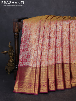 Pure kanchipuram tissue silk saree dual shade of pink and wine shade with allover zari woven floral brocade weaves and rich zari woven border