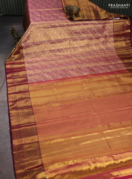 Pure kanchipuram tissue silk saree dual shade of pink and wine shade with allover zari woven floral brocade weaves and rich zari woven border