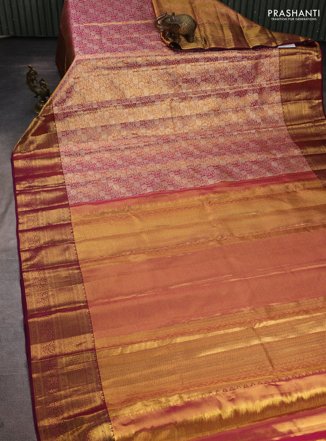 Pure kanchipuram tissue silk saree dual shade of pink and wine shade with allover zari woven floral brocade weaves and rich zari woven border
