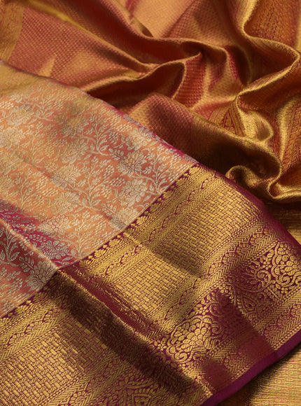 Pure kanchipuram tissue silk saree dual shade of pink and wine shade with allover zari woven floral brocade weaves and rich zari woven border