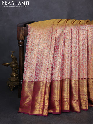 Pure kanchipuram tissue silk saree dual shade of gold and wine shade with allover zari woven geometric brocade weaves and rich zari woven border