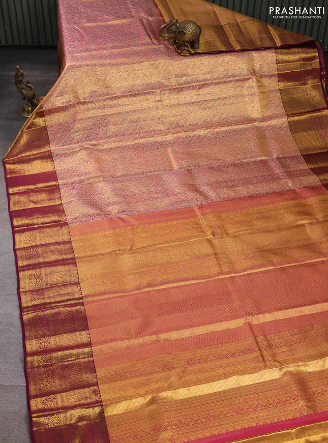 Pure kanchipuram tissue silk saree dual shade of gold and wine shade with allover zari woven geometric brocade weaves and rich zari woven border