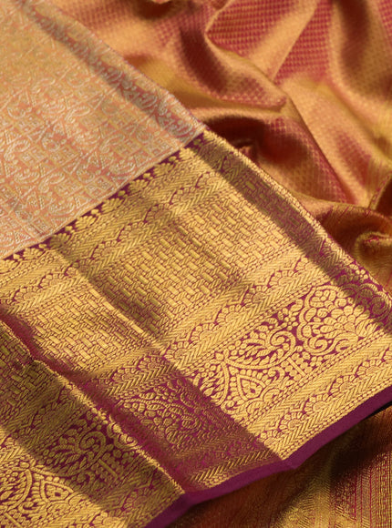 Pure kanchipuram tissue silk saree dual shade of gold and wine shade with allover zari woven geometric brocade weaves and rich zari woven border