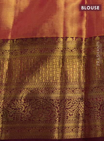 Pure kanchipuram tissue silk saree dual shade of gold and wine shade with allover zari woven geometric brocade weaves and rich zari woven border