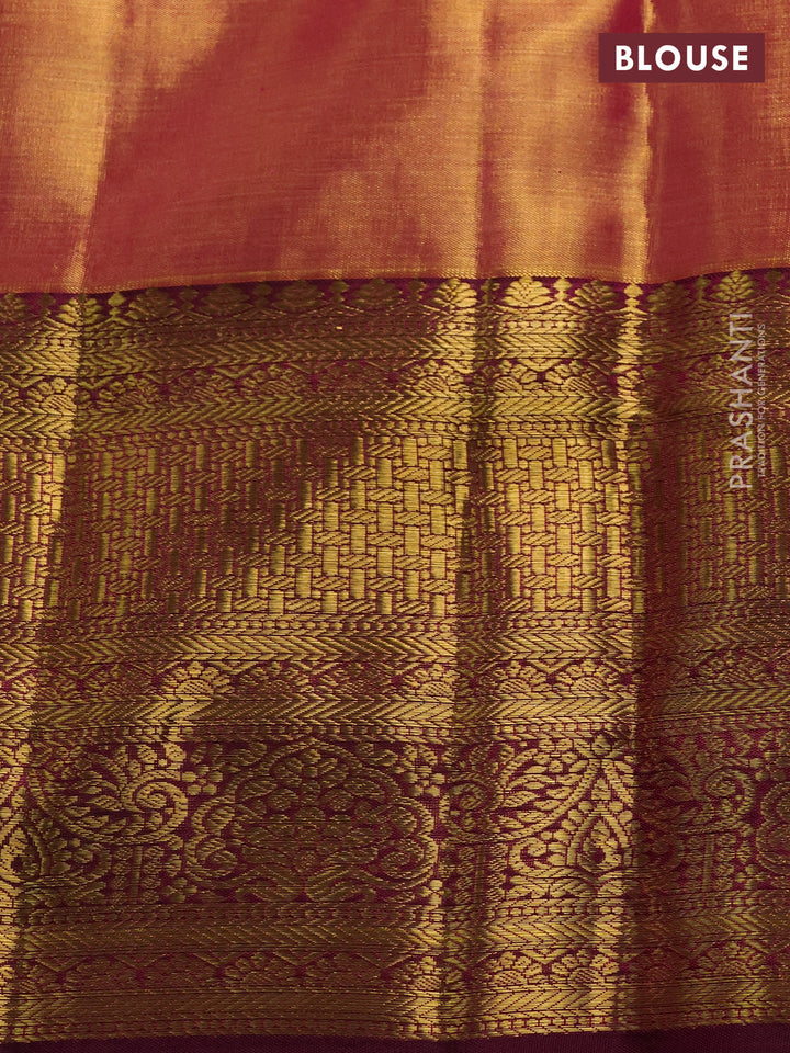 Pure kanchipuram tissue silk saree dual shade of gold and wine shade with allover zari woven geometric brocade weaves and rich zari woven border