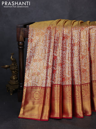 Pure kanchipuram tissue silk saree dual shade of gold and maroon with allover zari woven brocade weaves and rich zari woven border