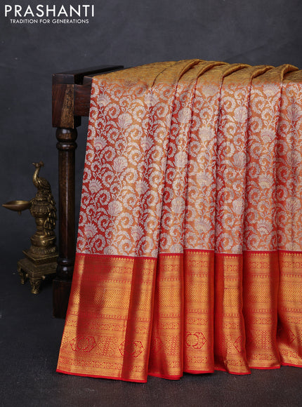 Pure kanchipuram tissue silk saree dual shade of golden red and red with allover silver zari woven brocade weaves and long rich zari woven border