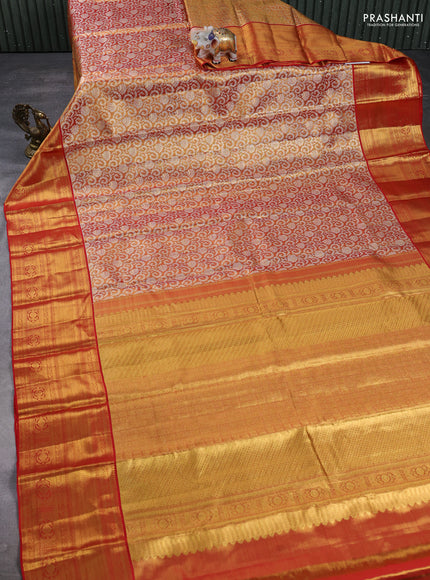 Pure kanchipuram tissue silk saree dual shade of golden red and red with allover silver zari woven brocade weaves and long rich zari woven border