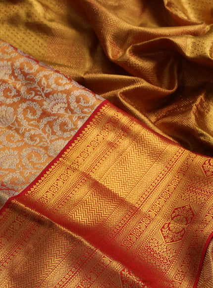 Pure kanchipuram tissue silk saree dual shade of golden red and red with allover silver zari woven brocade weaves and long rich zari woven border